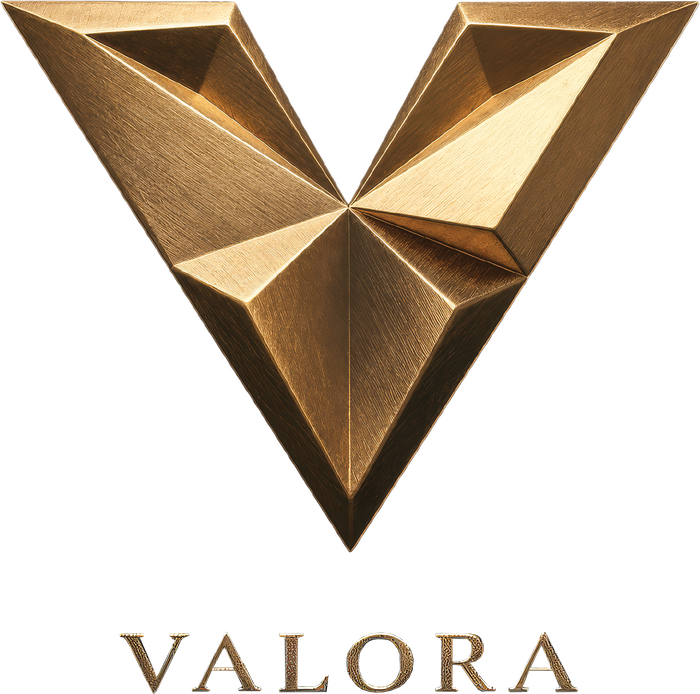 VALORA — emblema V facetado em ouro